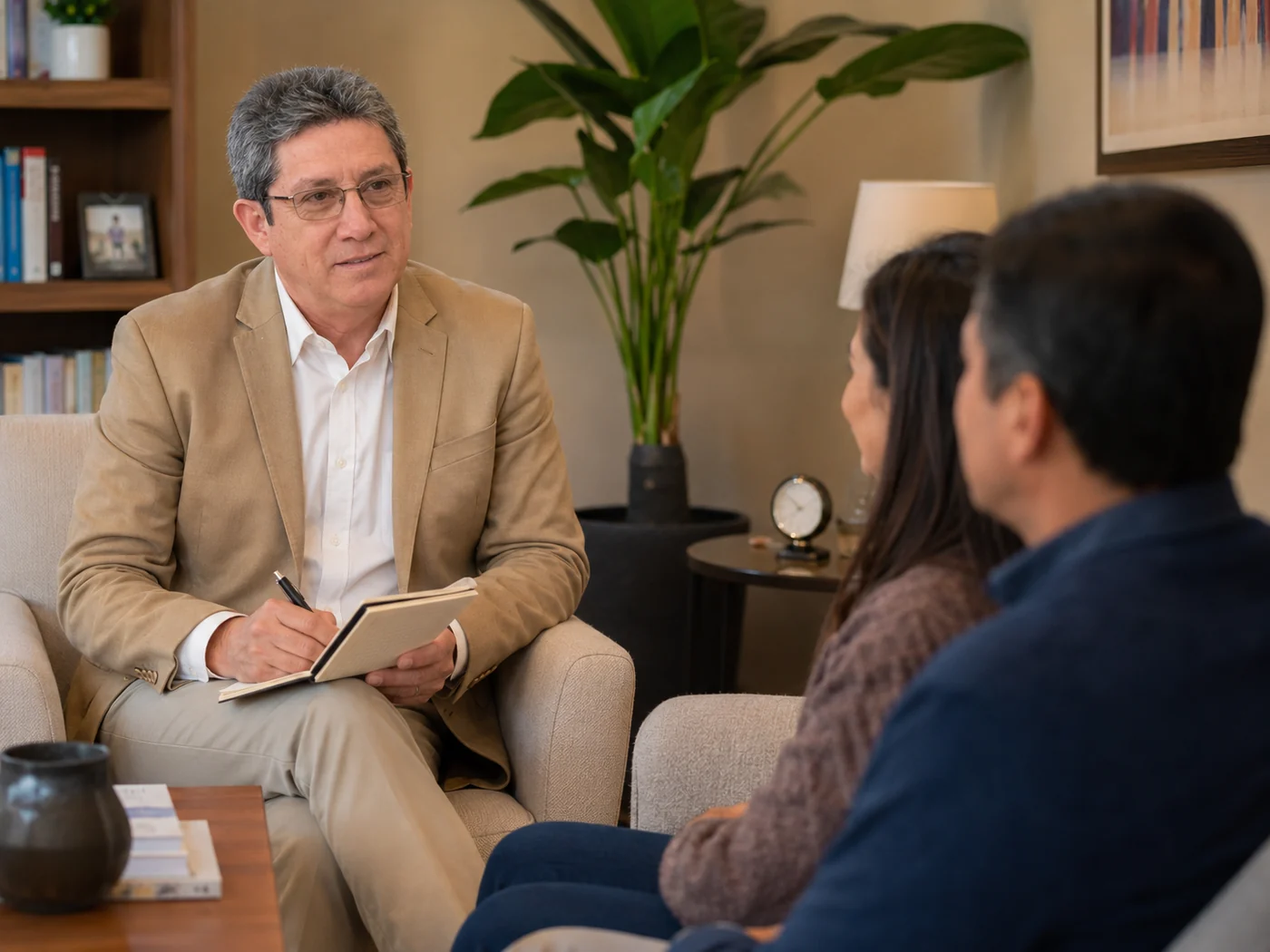 Miguel en consulta psicológica con padres de familia